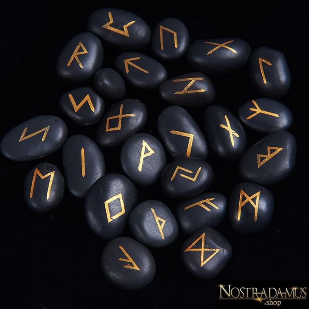 Runes divinatoires 'Noir et Or' en pierre naturelle –