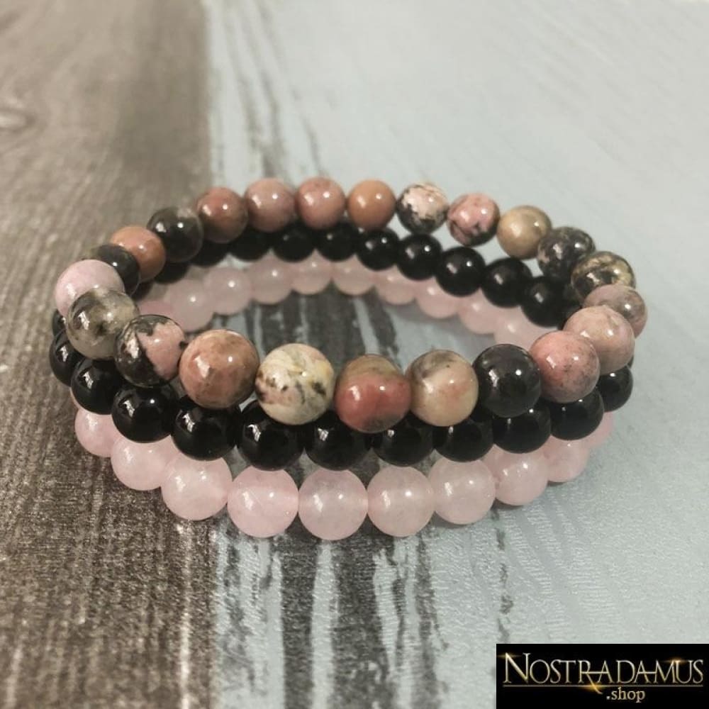 Triple Bracelet Élixir dAmour - Onyx Rhodonite et Quartz Rose - Wrap Bracelets