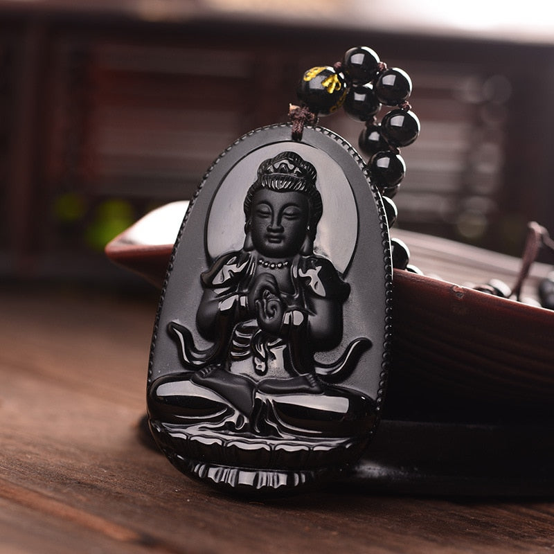 Pendentif 'Dharmachakra' en Obsidienne
