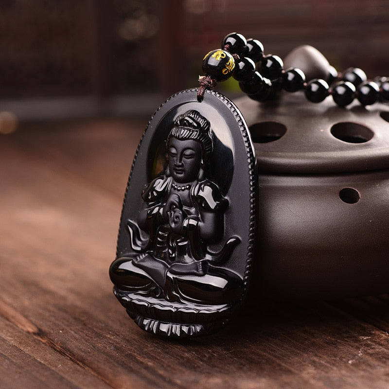Pendentif 'Dharmachakra' en Obsidienne