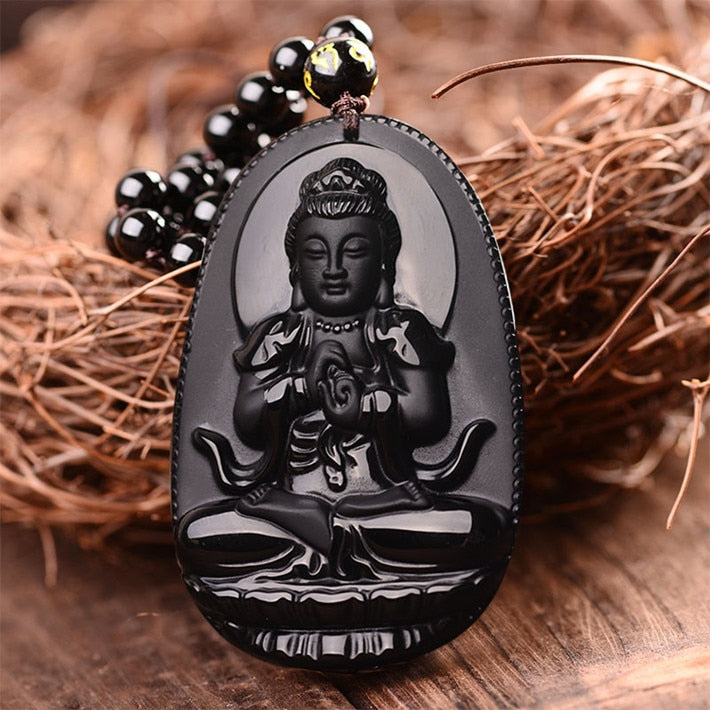 Pendentif 'Dharmachakra' en Obsidienne