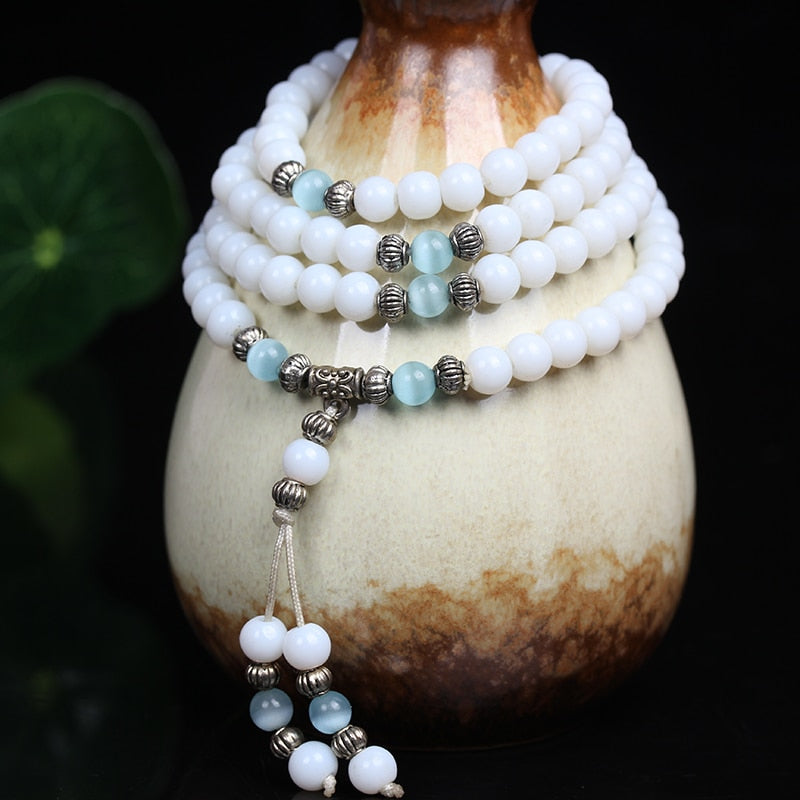 Mala Tibétain de Purification en Calcédoine Blanche