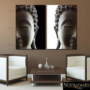 Tableau Bouddha Noir & Blanc - Deux panneaux - Peinture et Calligraphie