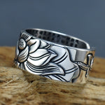 Bague 'Sutra du Lotus' en Argent Massif